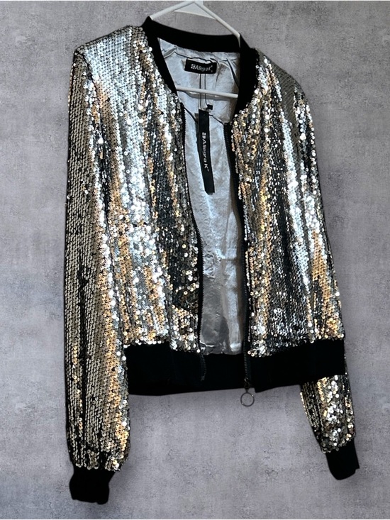Allegra K Jackets & Blazers - Allegra K Silver Sequin Bomber Jacket with Black Trim NWT Size Large